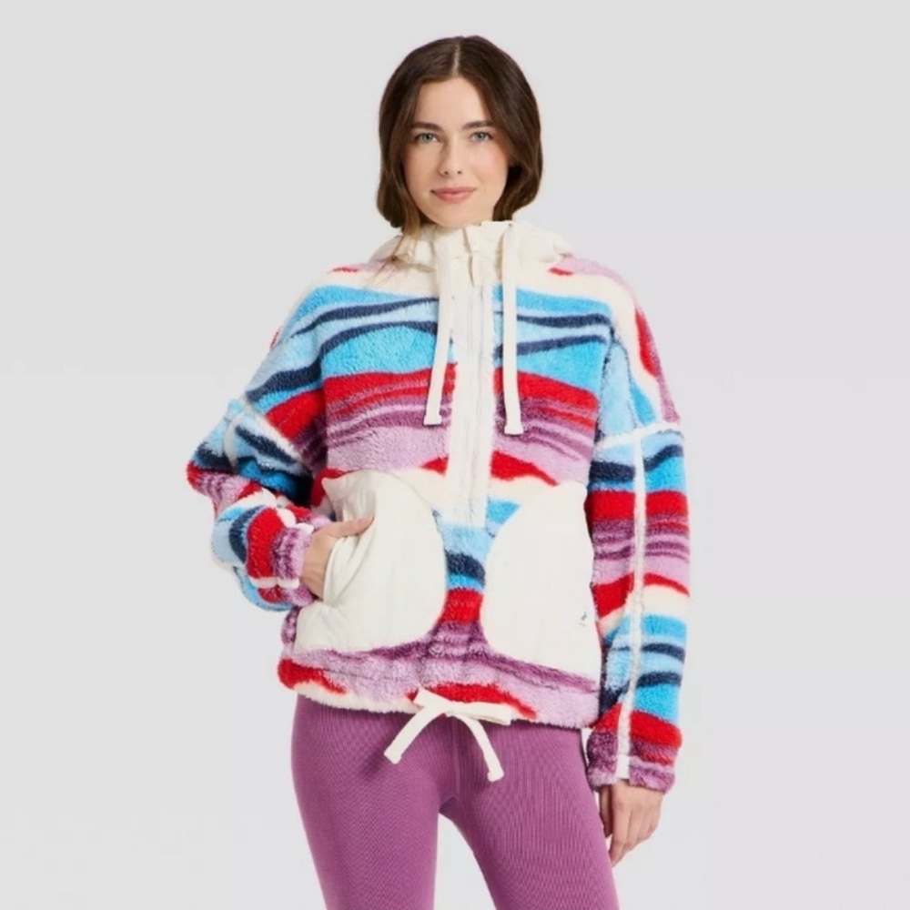JoyLab Fleece Pullover High Pile Hoodie Half Zip Scenic Print size M